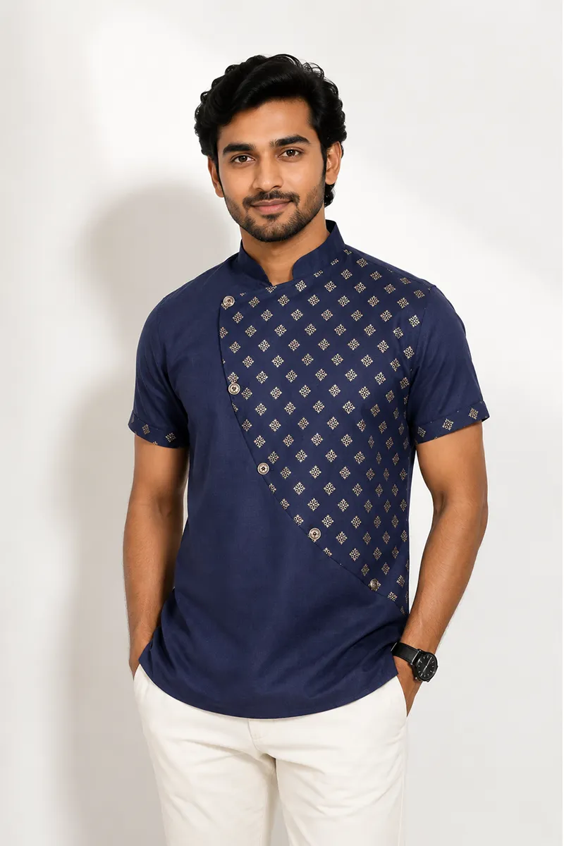 Cotton Gold Print Short Kurta for Men