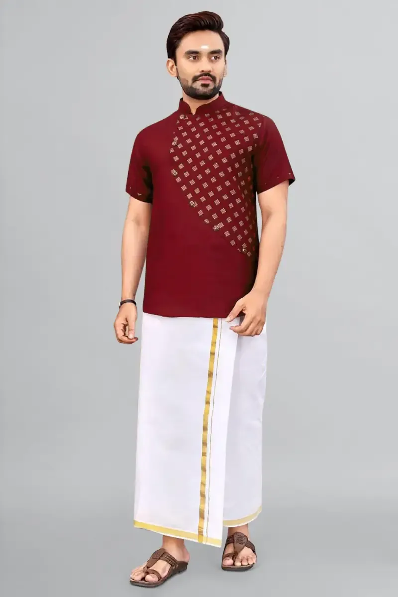 Cotton Gold Print Short Kurta for Men 014296SMAR
