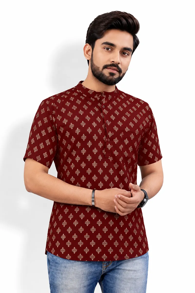 Cotton Gold Print Short Kurta for Men 014298LMAR