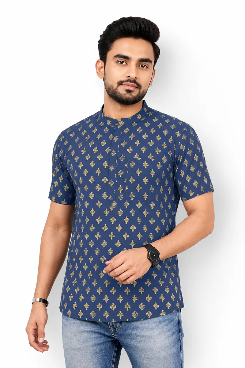 Cotton Gold Print Short Kurta for Men 014298LTEA