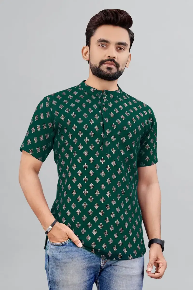Cotton Gold Print Short Kurta for Men