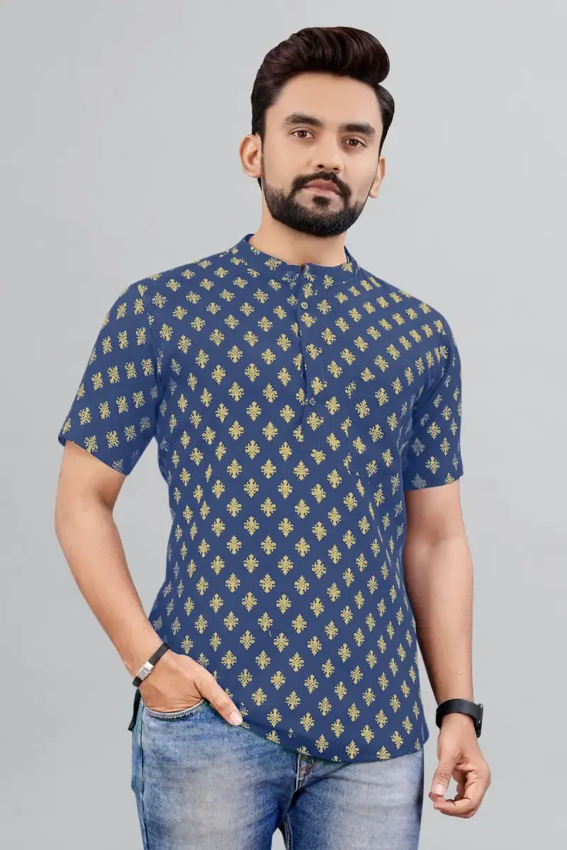 Cotton Gold Print Short Kurta for Men 014298XLTEA