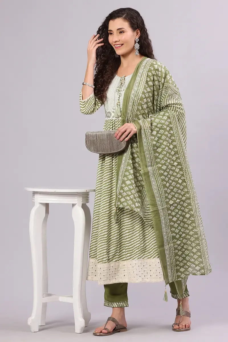 Cotton Sequined Kurti with Pant & Dupatta Set for Women