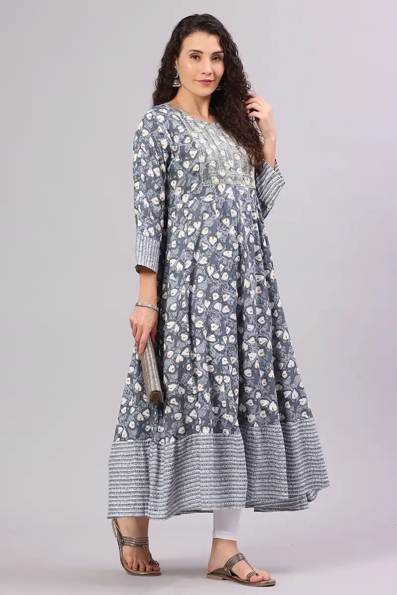 Cotton Blend Sequined A-Line Kurti for Women 014336XLGRE2