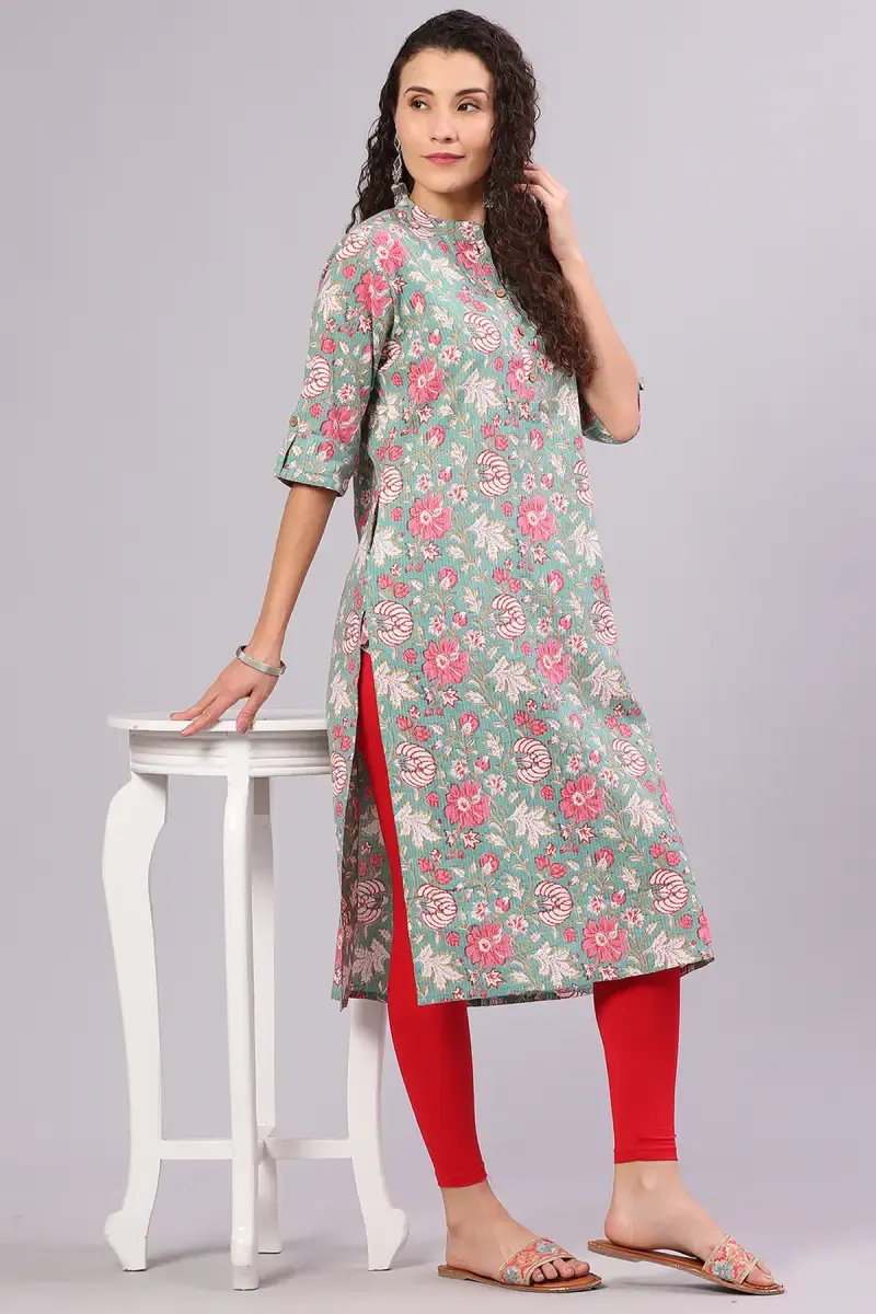 Cotton Botanical Printed Kurti for Women 014344SGRE