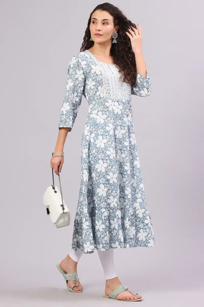 Cotton Floral Printed Kurti for Women  014354LGRE