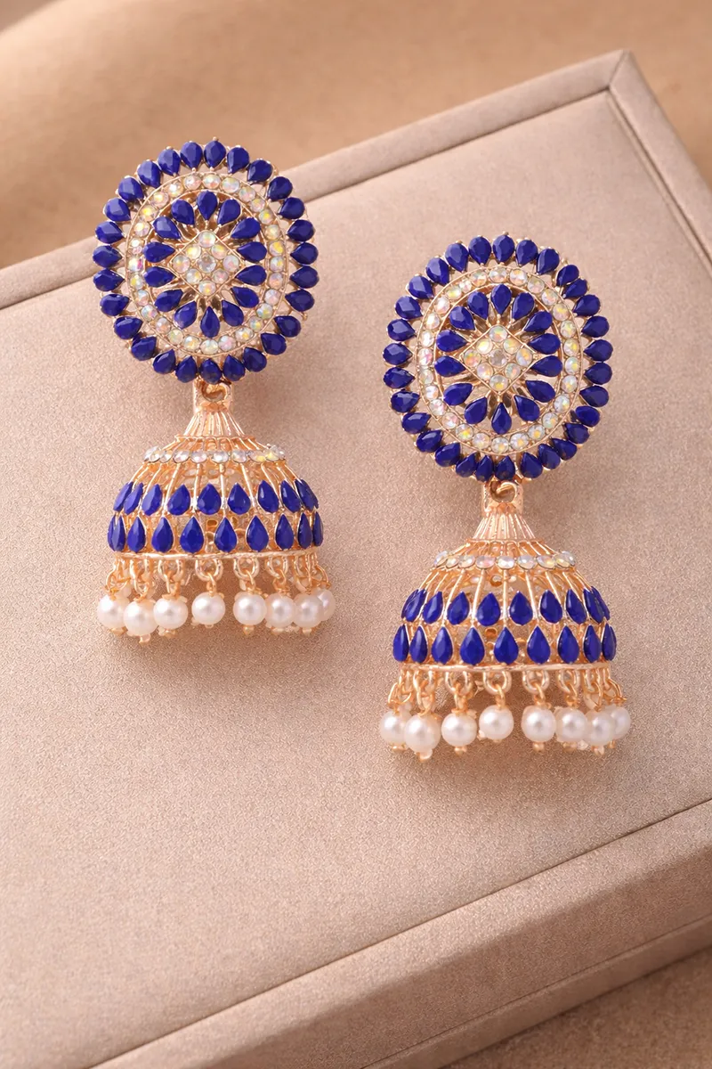 Gold Plated Kundan Studded Jhumki Earrings for Women 014367DARBLU1