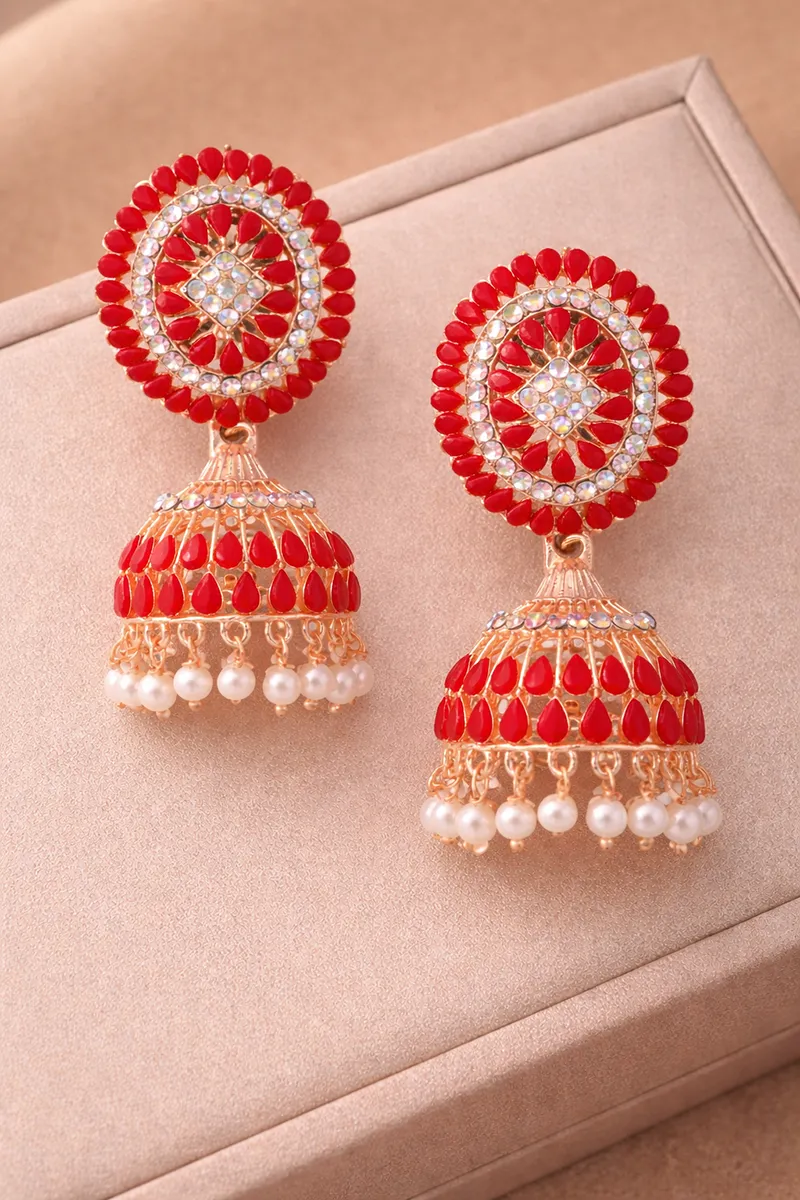 Gold Plated Kundan Studded Jhumki Earrings for Women 014367RED1