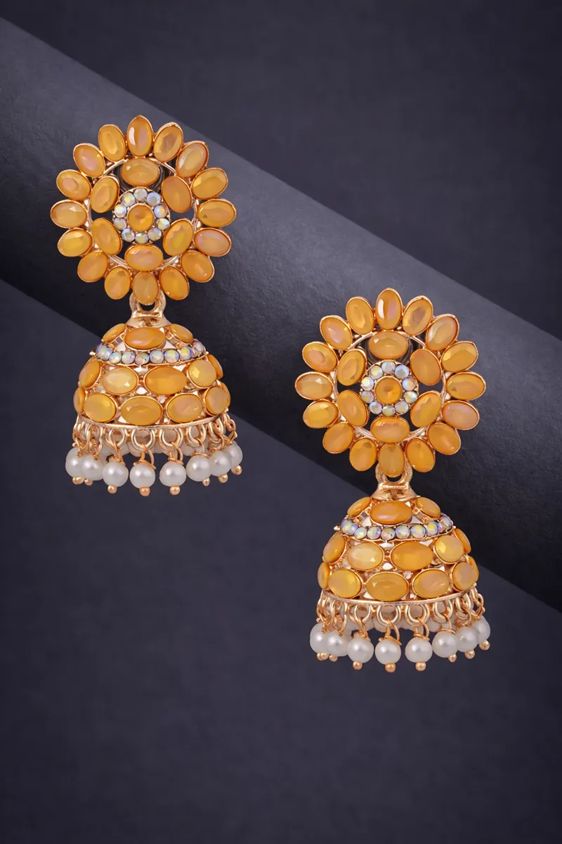 Gold Plated Kundan Studded Jhumki Earrings for Women