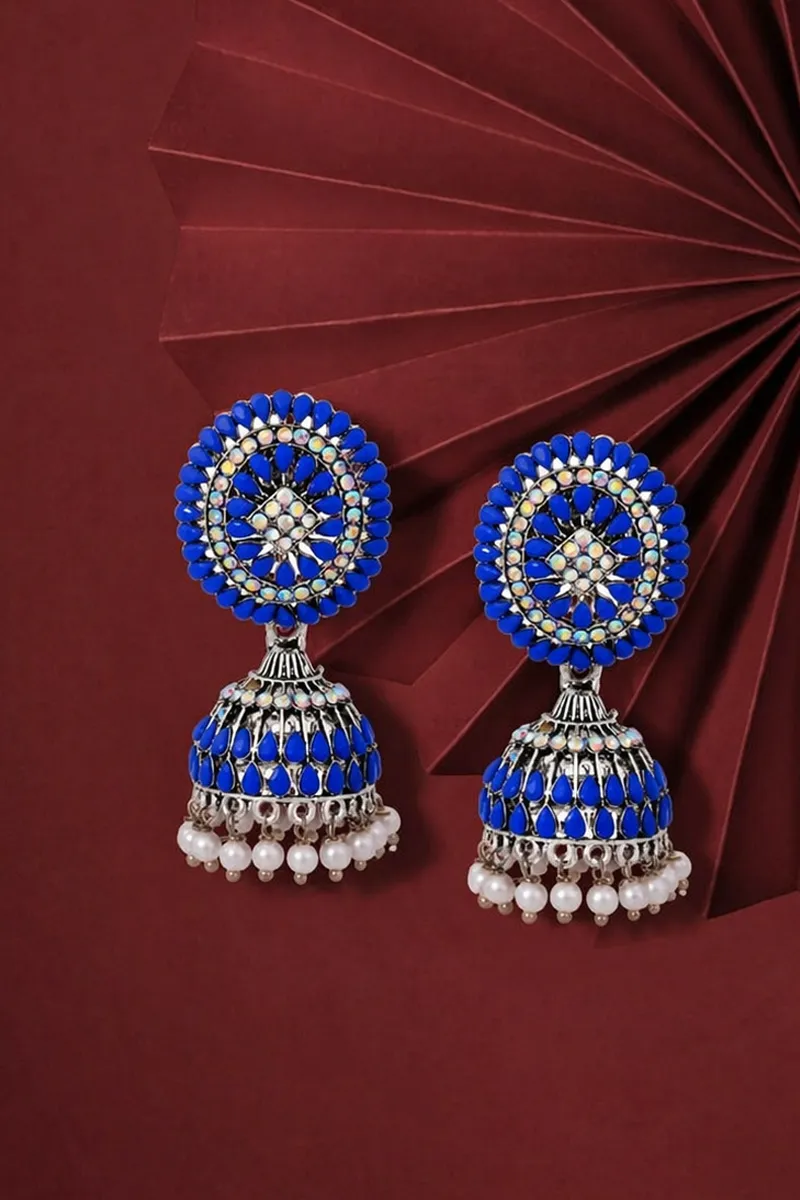 Silver Plated Floral Design Jhumki Earrings for Women 014376DARBLU1