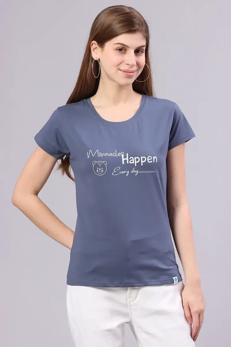 Cotton Blend Typographic Printed T-Shirt for Women