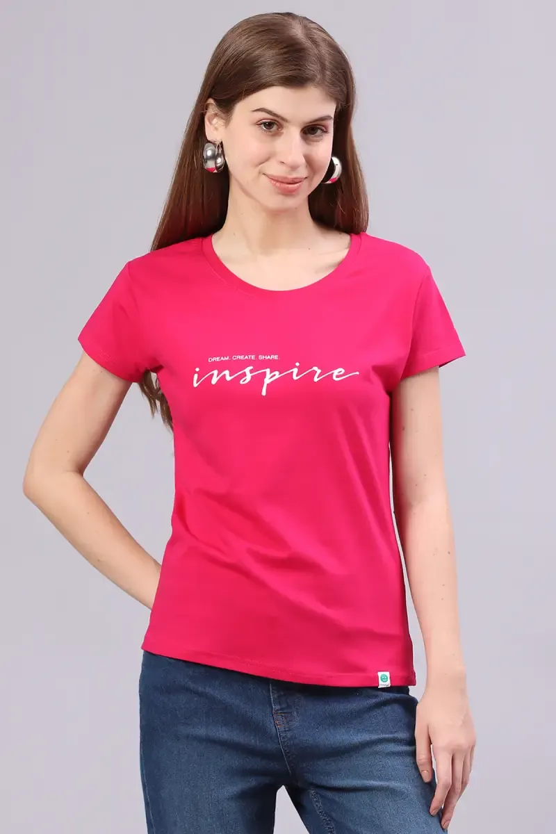 Cotton Blend Typographic Printed T-Shirt for Women 014407XLPIN