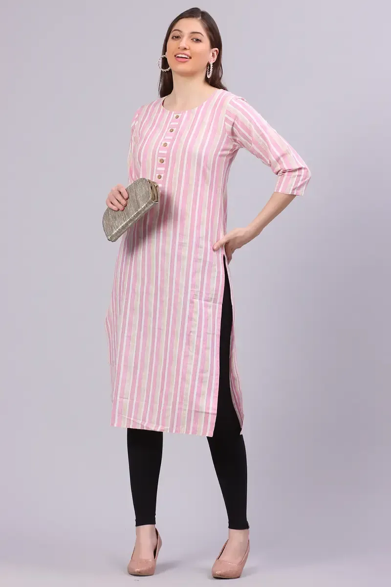 Cotton Striped A-Line Kurti for Women 014425XXLPIN - Pink kurti - XXL kurti