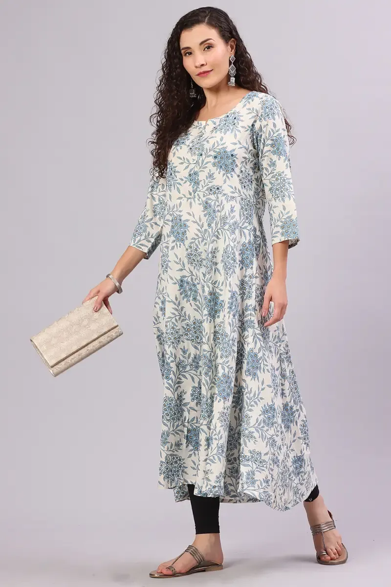 Cotton Printed Anarkali  Kurti for Women  01443144BLU - Blue kurti - 44 kurti