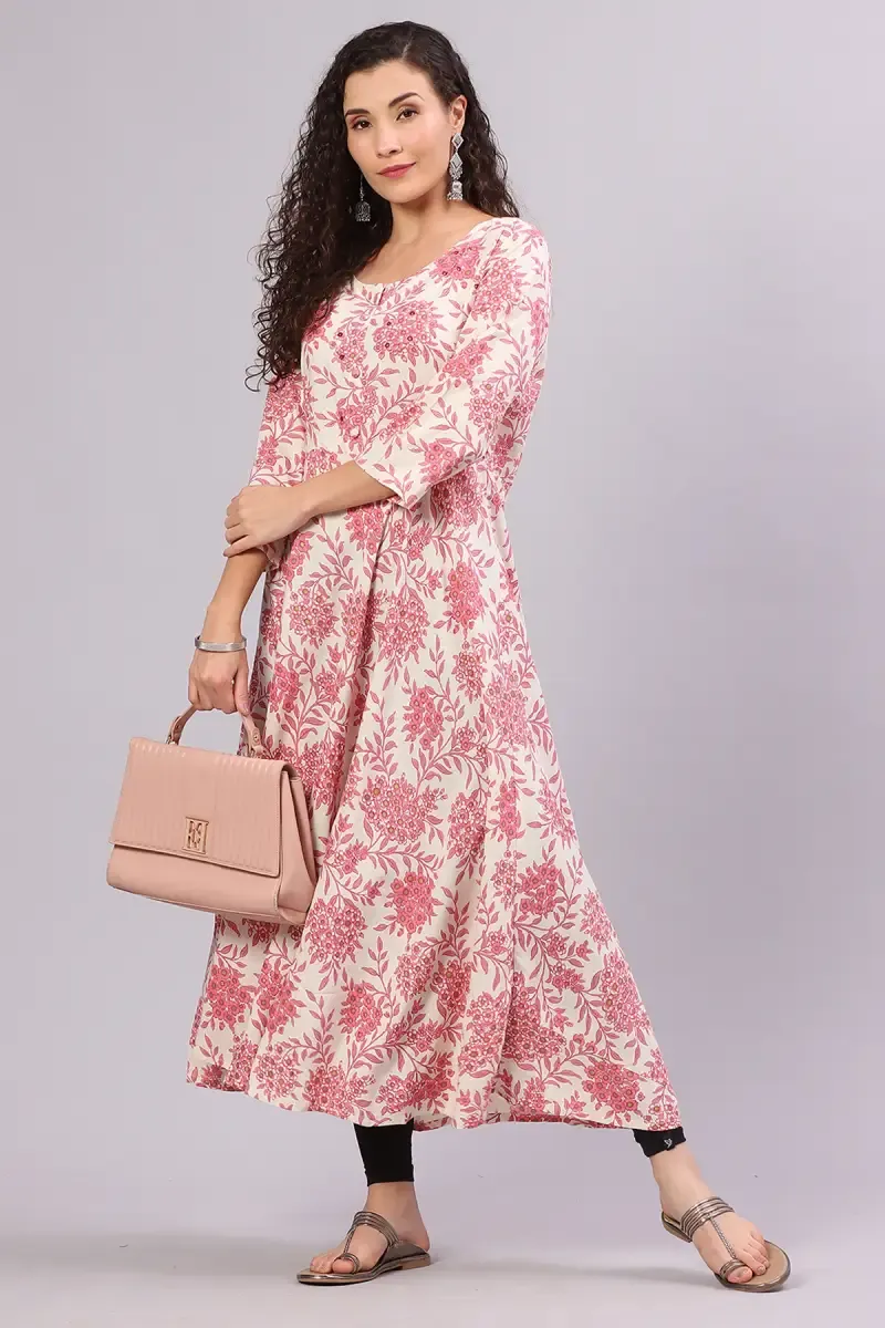 Cotton Printed Anarkali  Kurti for Women  01443144PIN - Pink kurti - 44 kurti