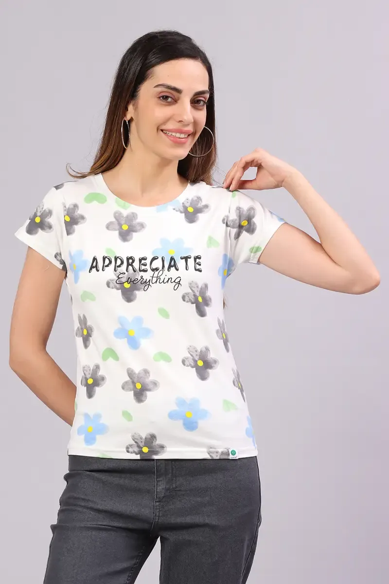 Cotton Blend Floral Printed T-Shirt for Women 014496XLGRE