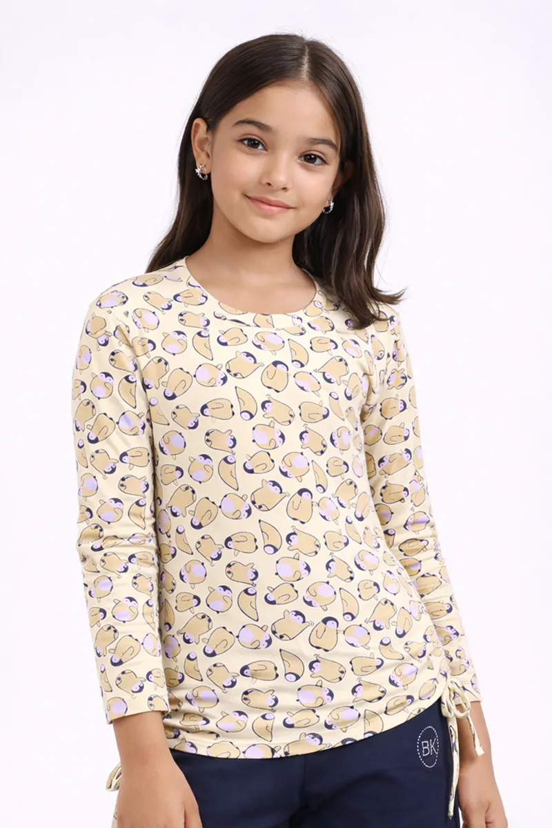 Cotton Conversational Printed T-Shirt with side knot for Girl (3 - 16 Yrs)