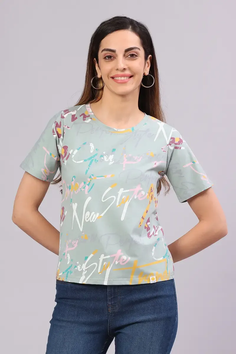 Cotton Blend Typographic Printed T-Shirt for Women