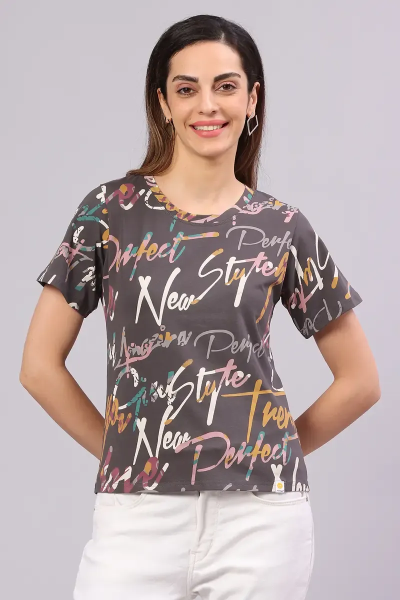 Cotton Blend Typographic Printed T-Shirt for Women 014514LDARGRE
