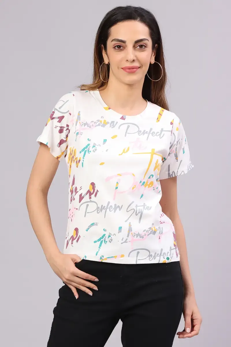 Cotton Blend Typographic Printed T-Shirt for Women 014514LWHI