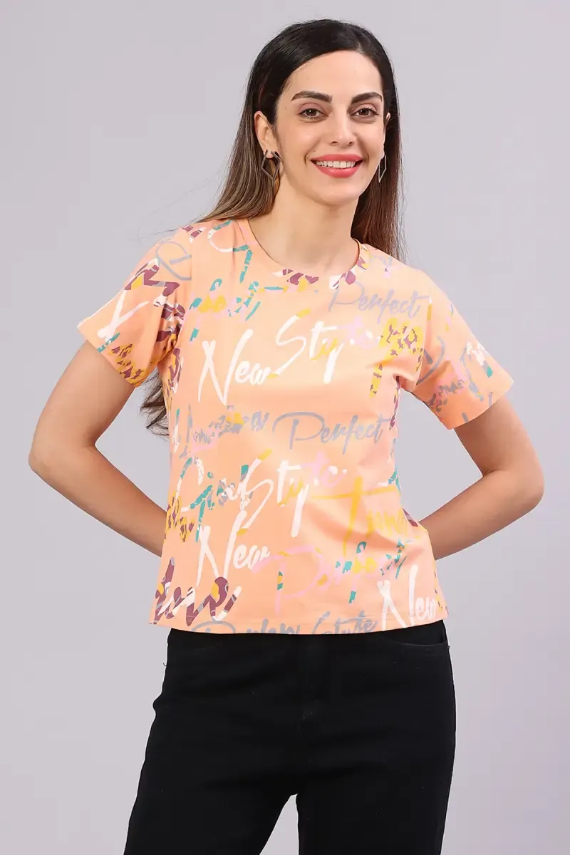 Cotton Blend Typographic Printed T-Shirt for Women 014514XXLCOR