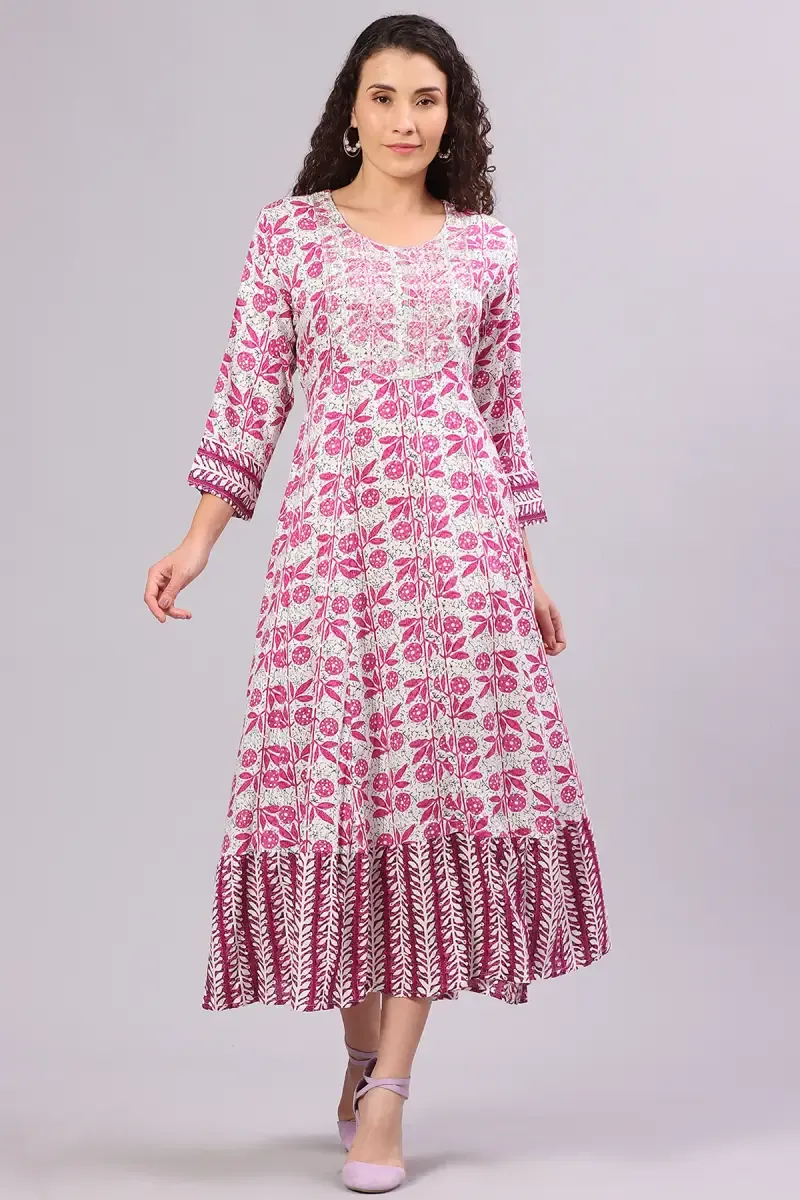 Cotton Blend Printed A-Line Dress for Women 014621PINXXL