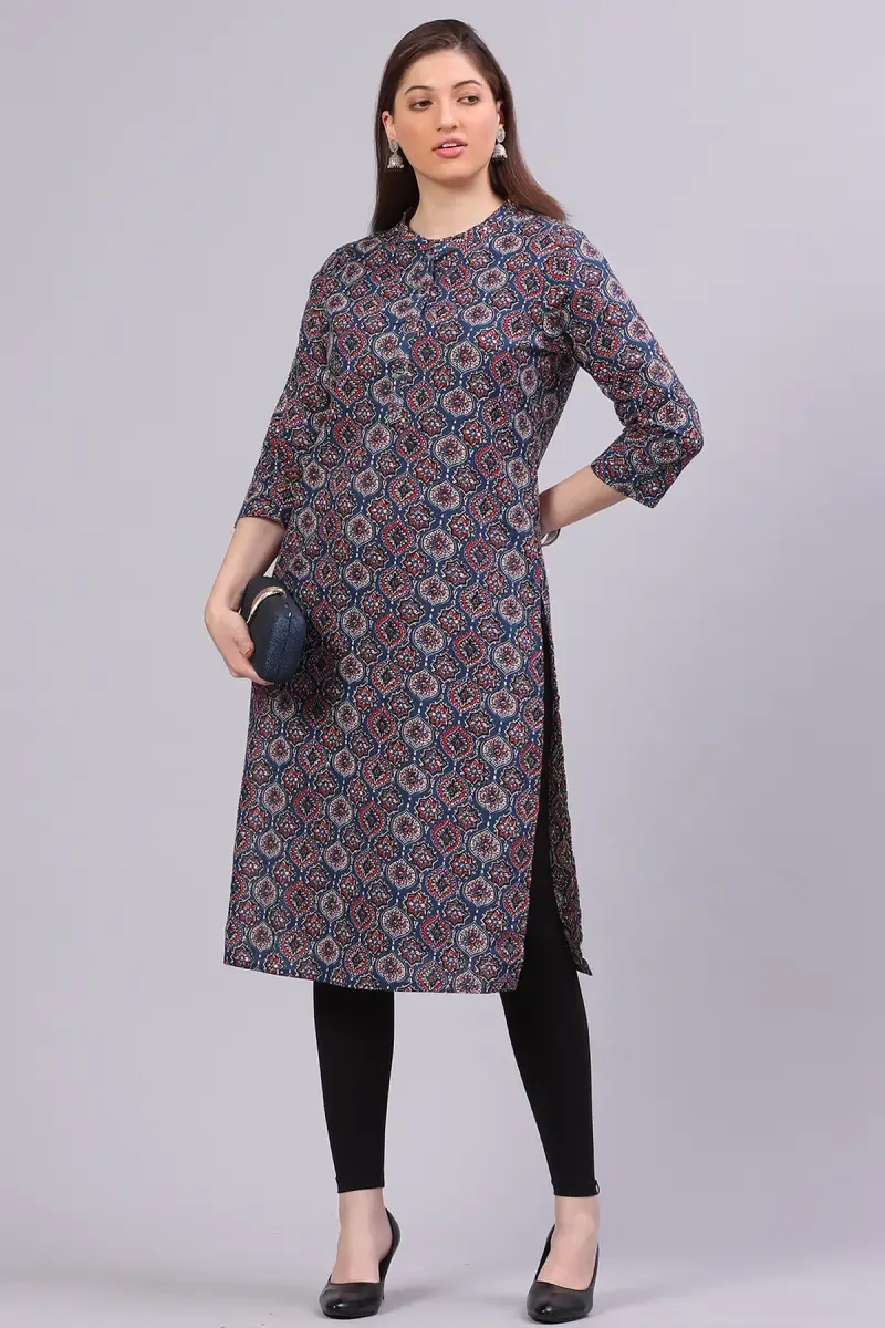 Cotton Blend Printed Kurti for Women  01462642BLU - Blue kurti - 42 kurti