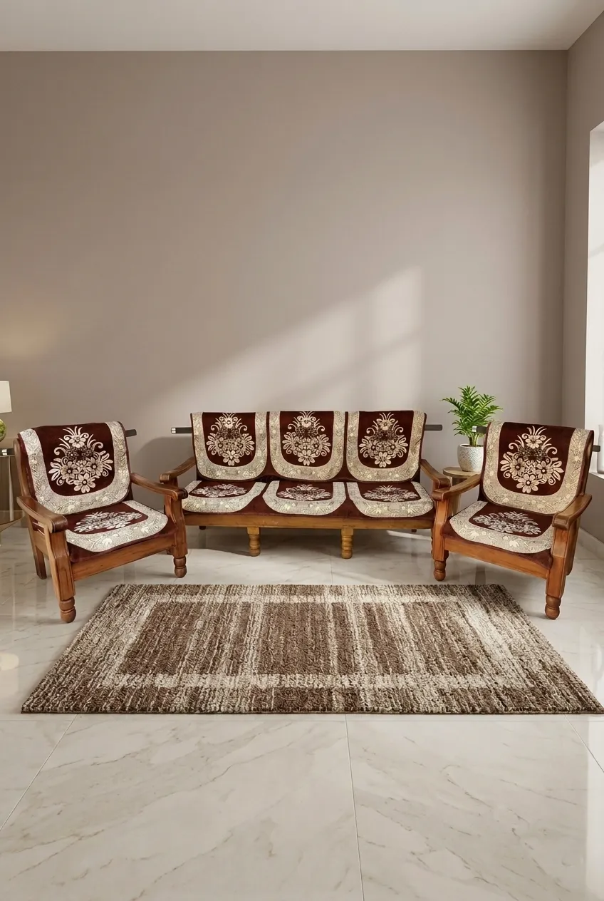 Sky Fab Cotton Embroidery Sofa Cover Set - 5 Seater