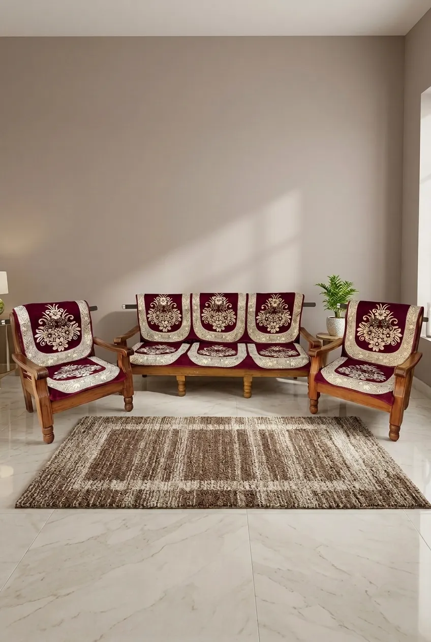 Sky Fab Cotton Embroidery Sofa Cover Set - 5 Seater