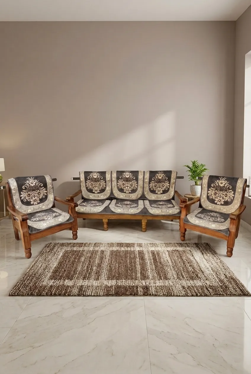 Sky Fab Cotton Embroidery Sofa Cover Set - 5 Seater