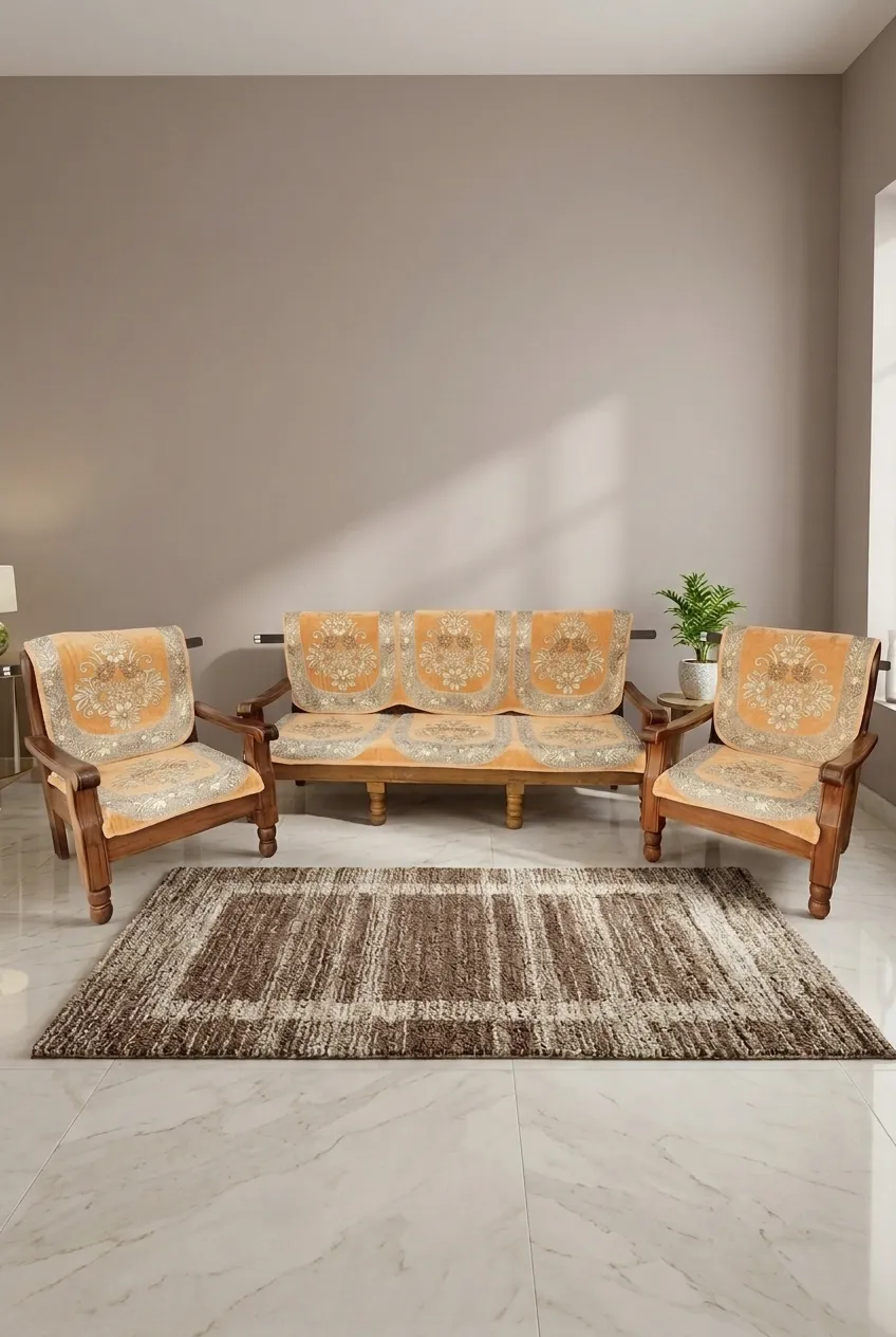 Sky Fab Cotton Embroidery Sofa Cover Set - 5 Seater