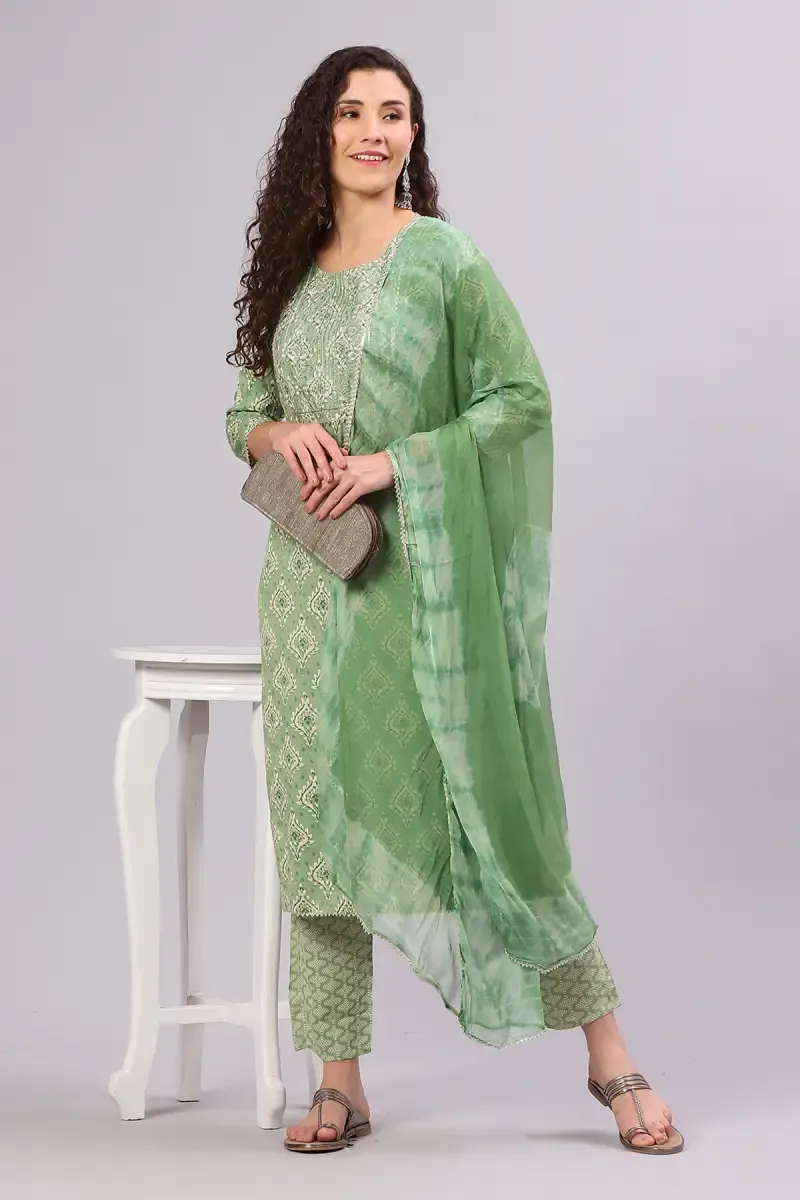 Cotton Printed Kurti with Pant & Dupatta Set for Women