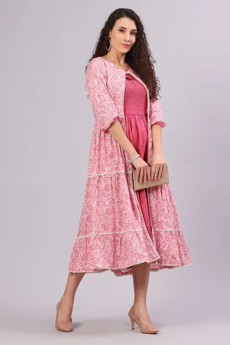 Cotton Printed Dress with Over Coat for Women  01467540PIN