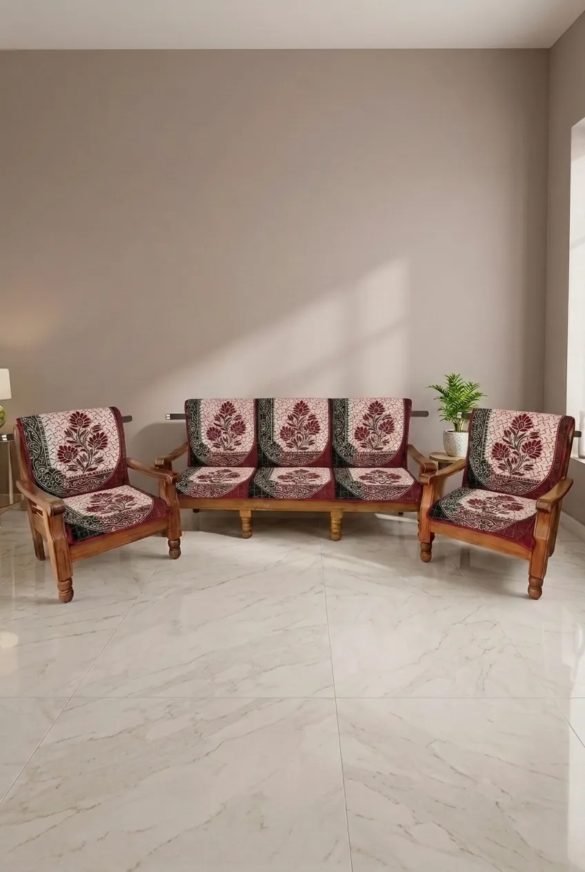 Sky Fab Cotton Floral Embroidery Sofa Cover Set with Belt - 5 Seater