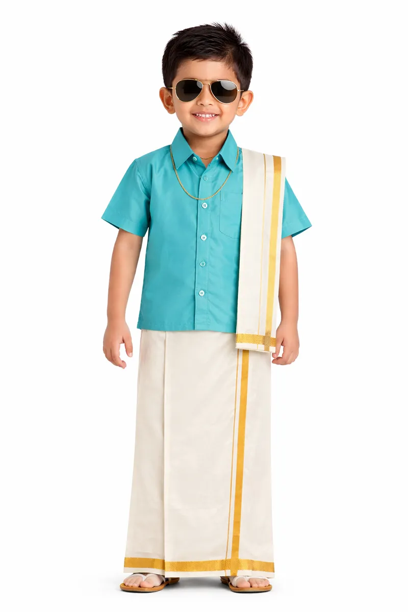Boy's Art Silk Shirt & Dhoti with Angavasthuram 5 Pcs Set (Accessories Included)