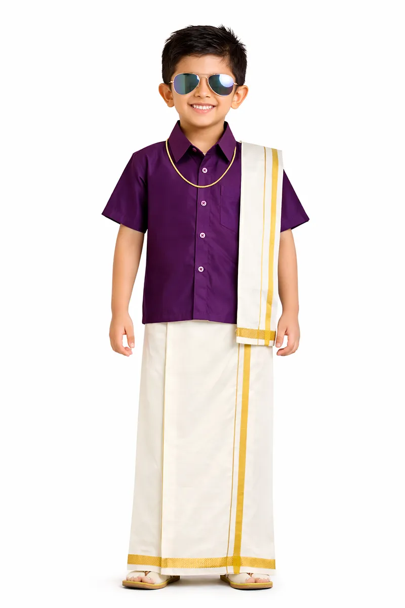 Boy's Art Silk Shirt & Dhoti with Angavasthuram 5 Pcs Set (Accessories Included)