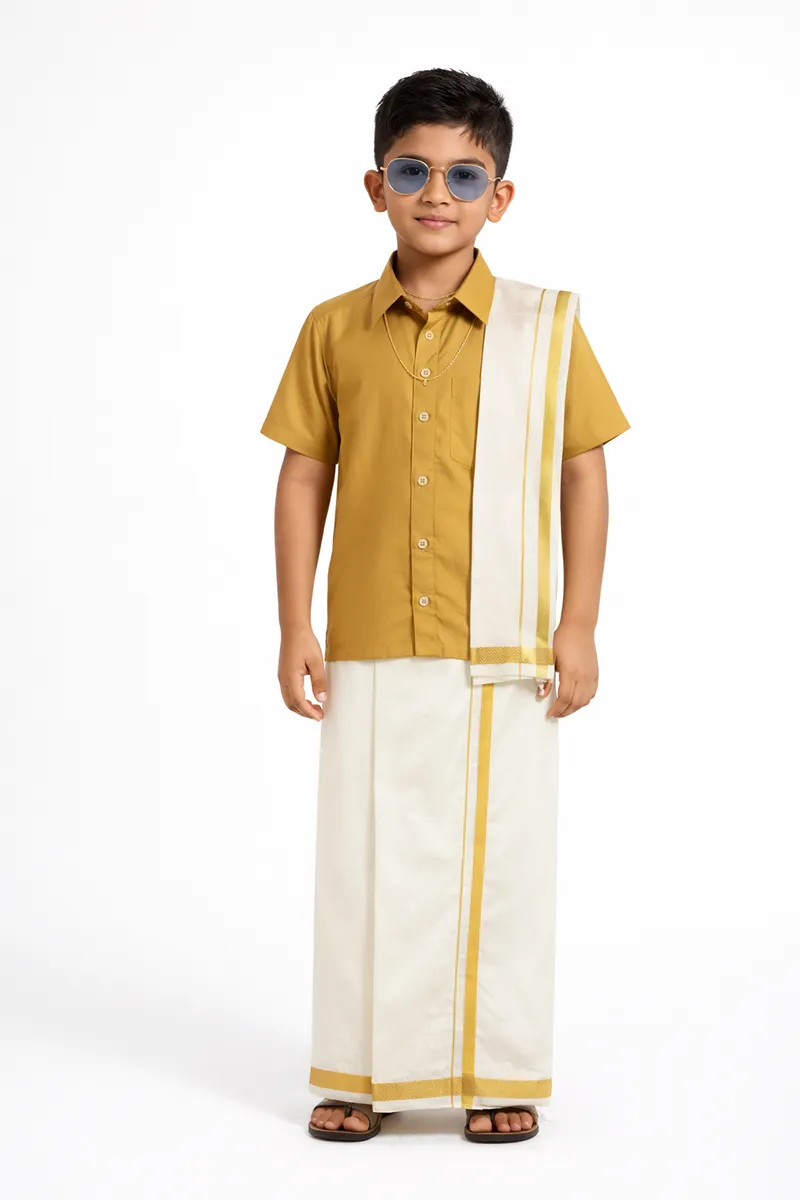Boy's Art Silk Shirt & Dhoti with Angavasthuram 5 Pcs Set (Accessories Included) 014722GOL78YRS