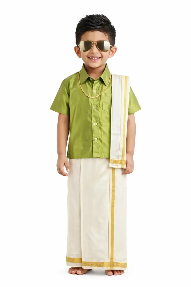 Boy's Art Silk Shirt & Dhoti with Angavasthuram 5 Pcs Set (Accessories Included)