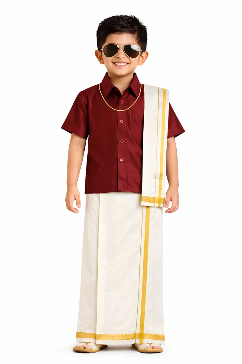 Boy's Art Silk Shirt & Dhoti with Angavasthuram 5 Pcs Set (Accessories Included)