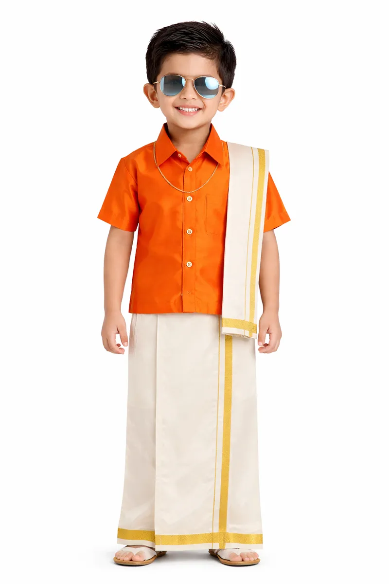Boy's Art Silk Shirt & Dhoti with Angavasthuram 5 Pcs Set (Accessories Included)