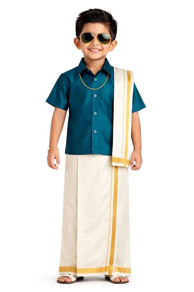 Boy's Art Silk Shirt & Dhoti with Angavasthuram 5 Pcs Set (Accessories Included)