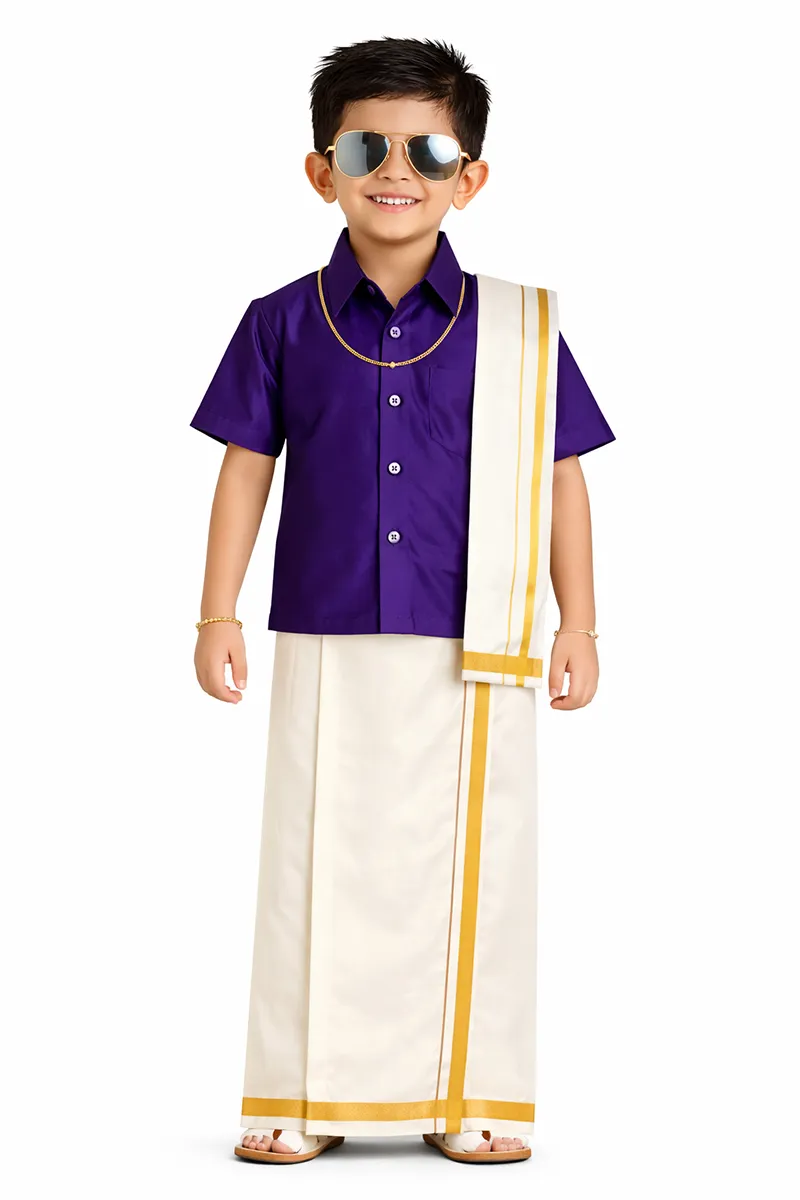 Boy's Art Silk Shirt & Dhoti with Angavasthuram 5 Pcs Set (Accessories Included)