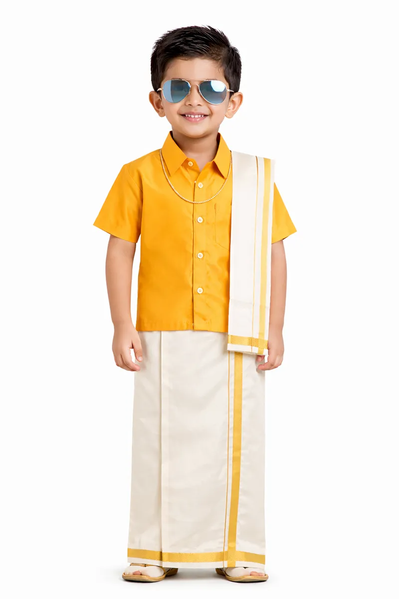 Boy's Art Silk Shirt & Dhoti with Angavasthuram 5 Pcs Set (Accessories Included)