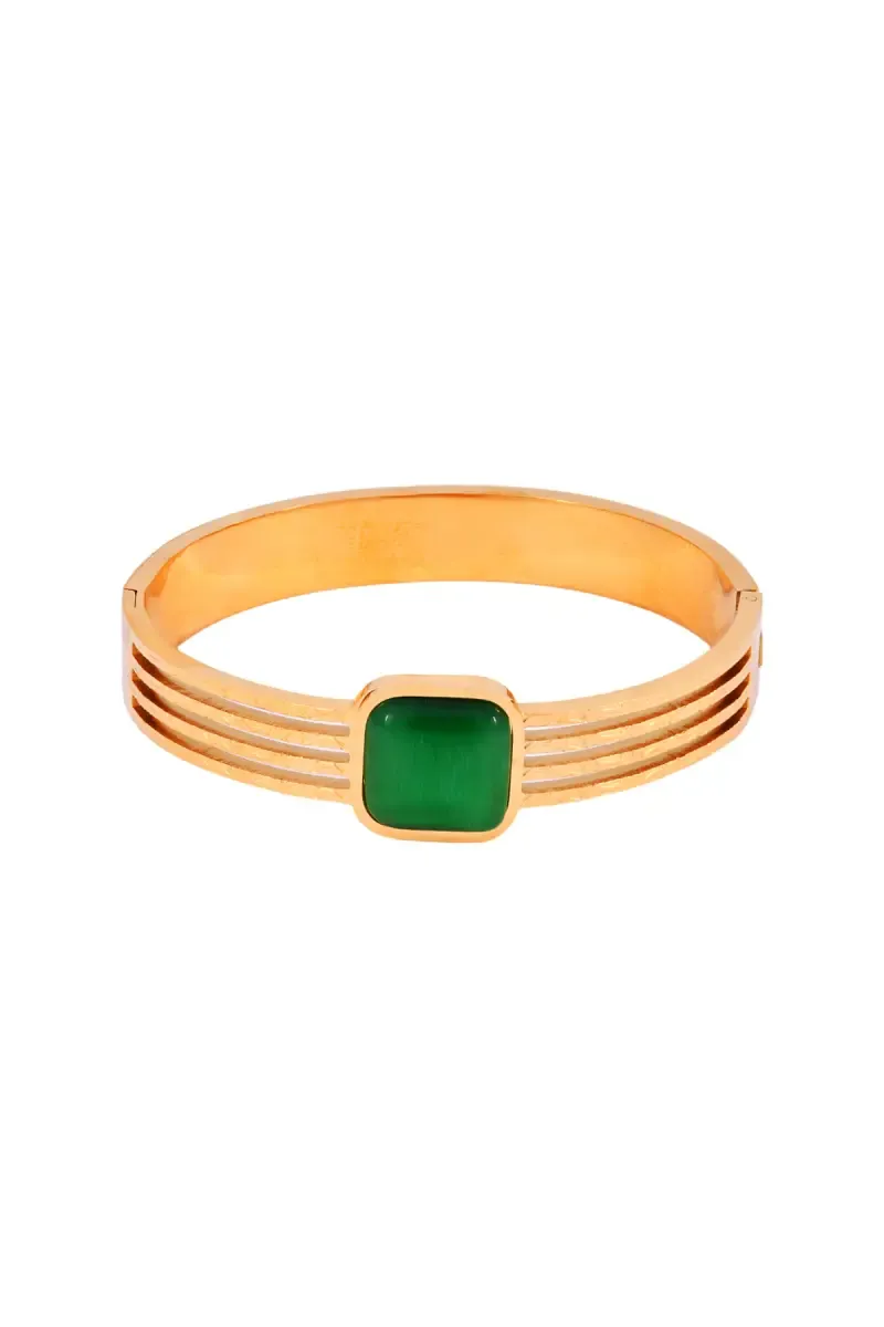Gold Plated Alloy Green Stone Cuff Bangle Bracelet for Women