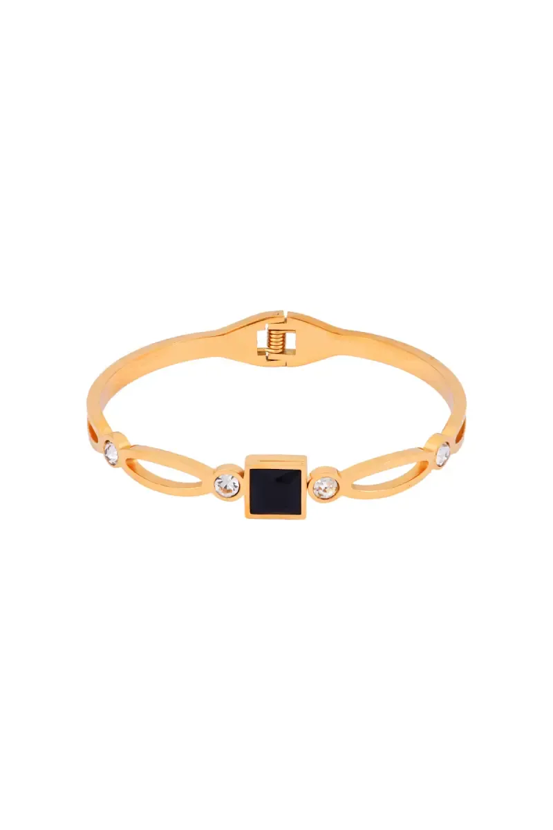 Gold Plated Openable Square Shaped Black Stone Bracelet