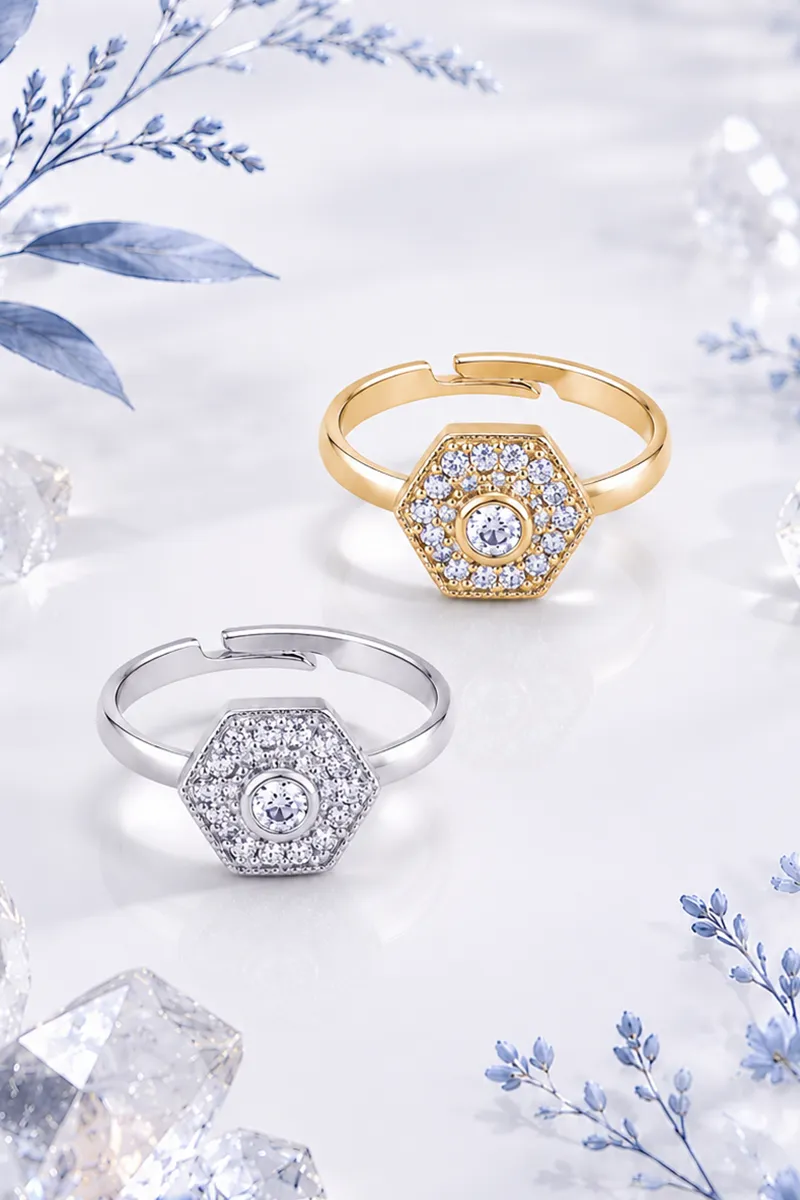 Hexagonal Shape Adjustable Stone Ring for Girls & Women - Set of 2
