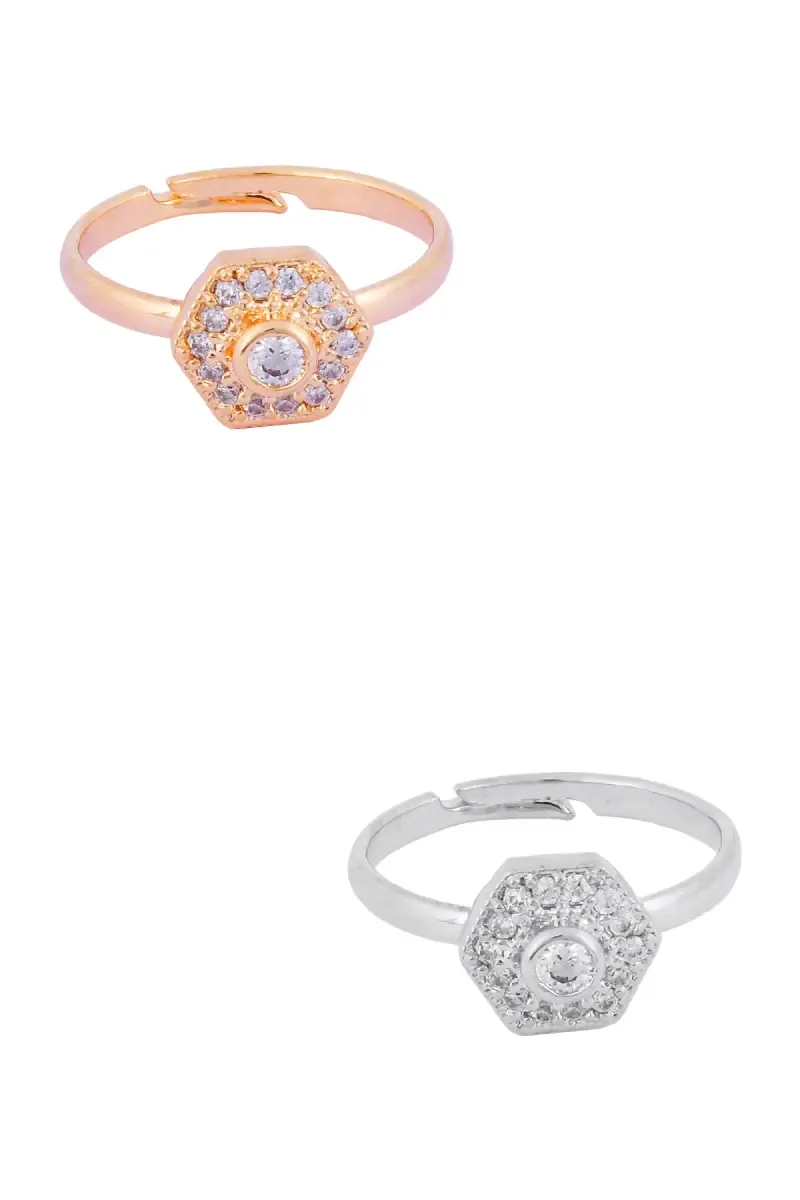 Hexagonal Shape Adjustable Stone Ring for Girls & Women - Set of 2