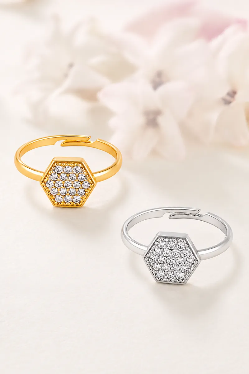 Hexagonal Shape Adjustable Stone Rings for Girls & Women - Set of 2
