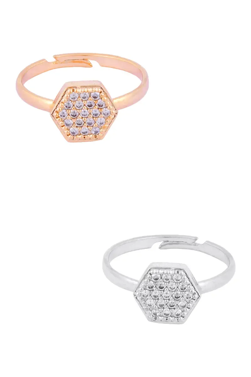 Hexagonal Shape Adjustable Stone Rings for Girls & Women - Set of 2