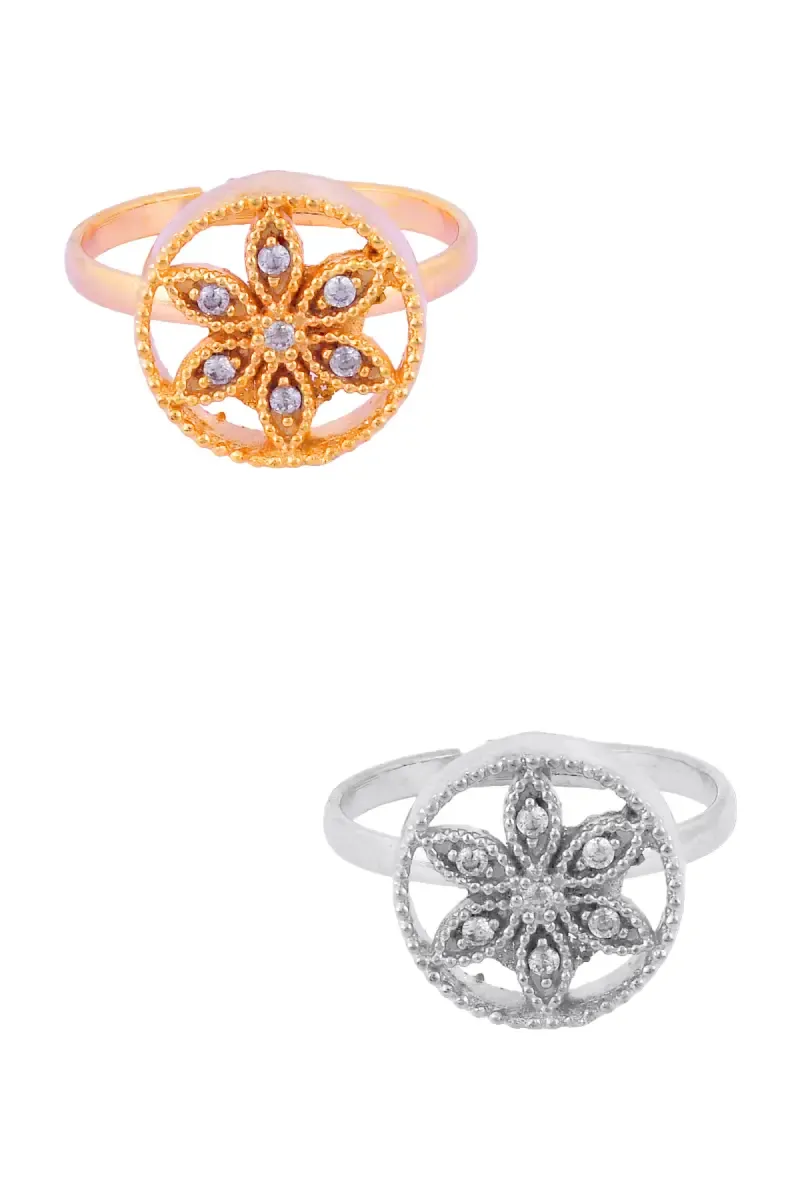 Floral Shape Adjustable Stone Rings for Girls & Women - Set of 2